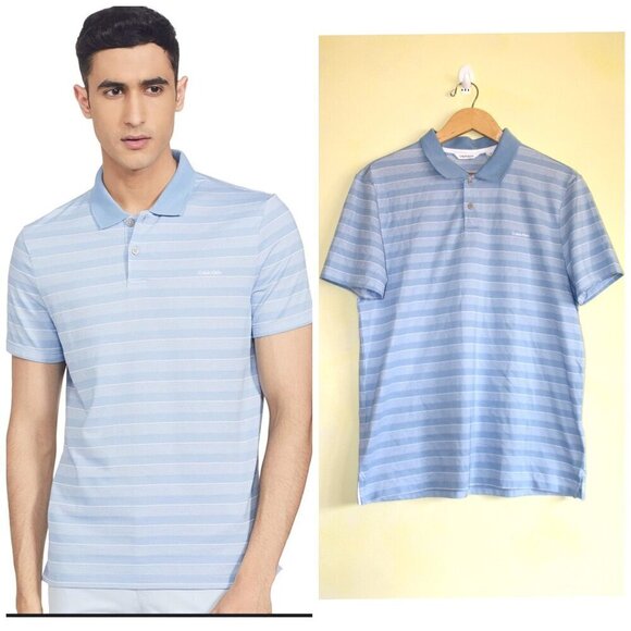 NWT Calvin Klein Allure Blue Striped Men's Polo T Shirt Short Sleeve Size Large - Picture 1 of 10